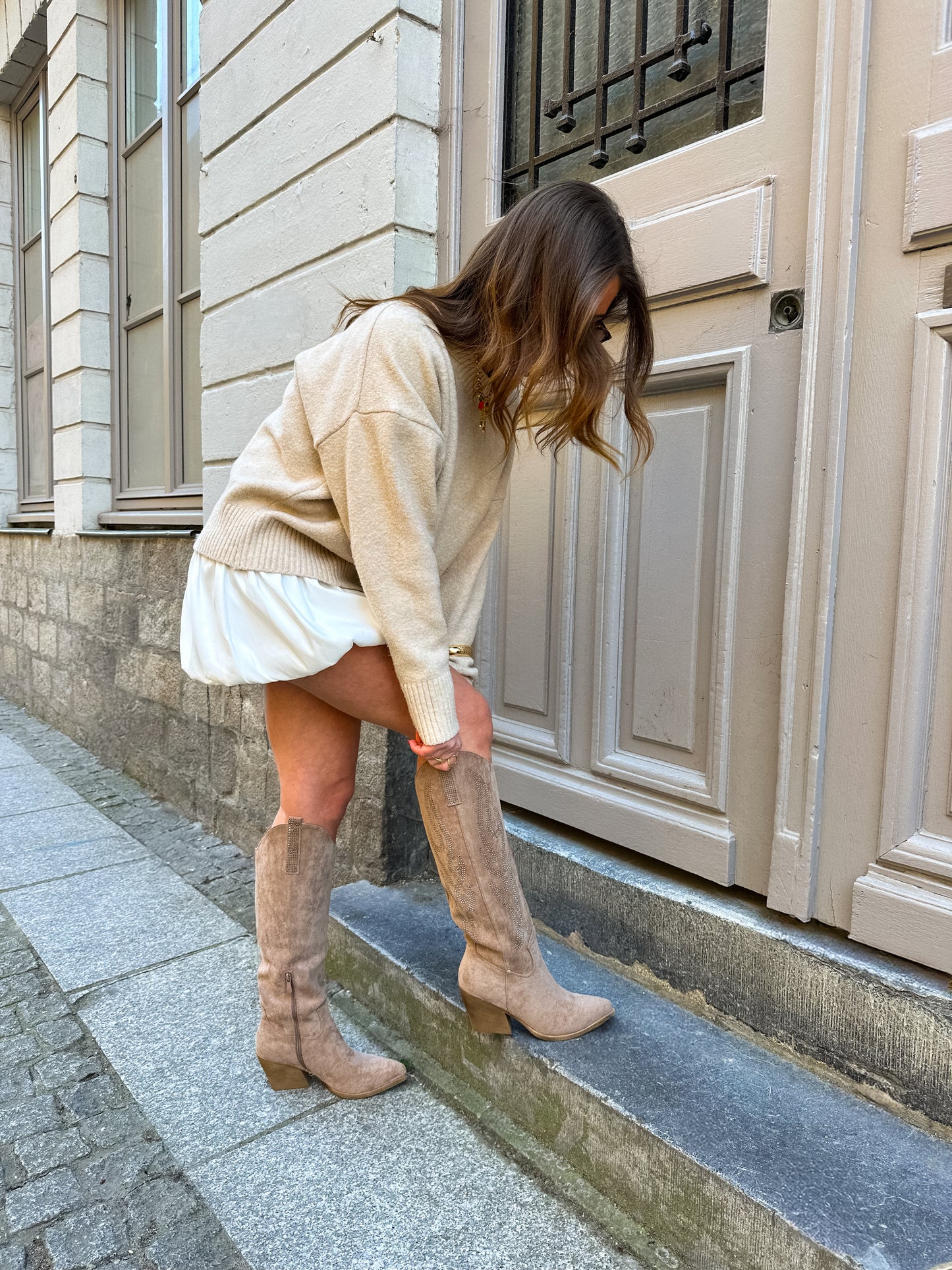 CLARA - Santiags hautes à strass beige