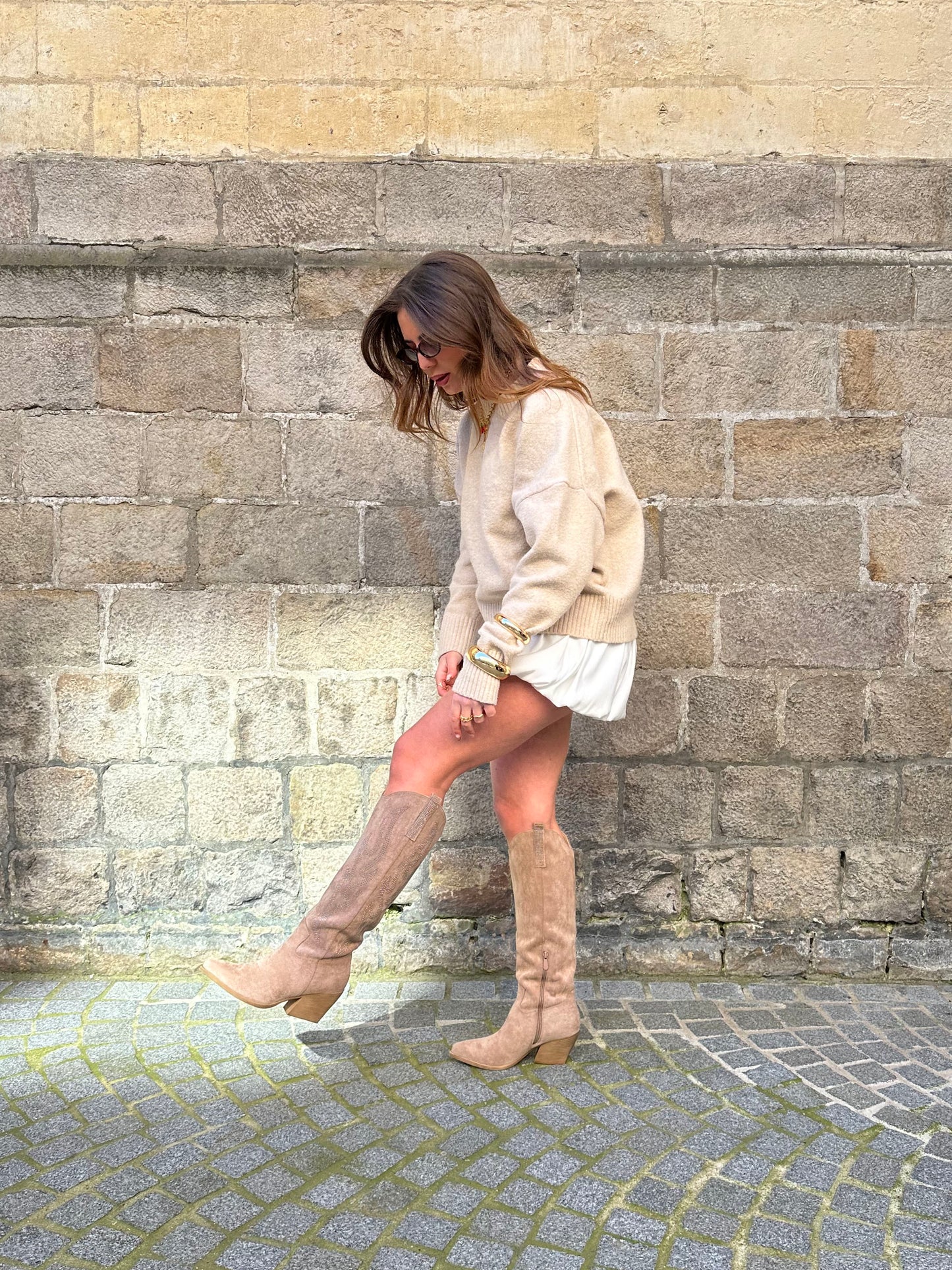 CLARA - Santiags hautes à strass beige