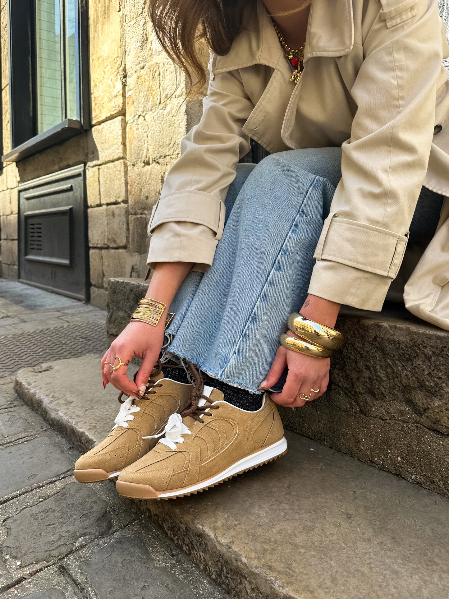 ALBA - Baskets inspiration double lacets camel