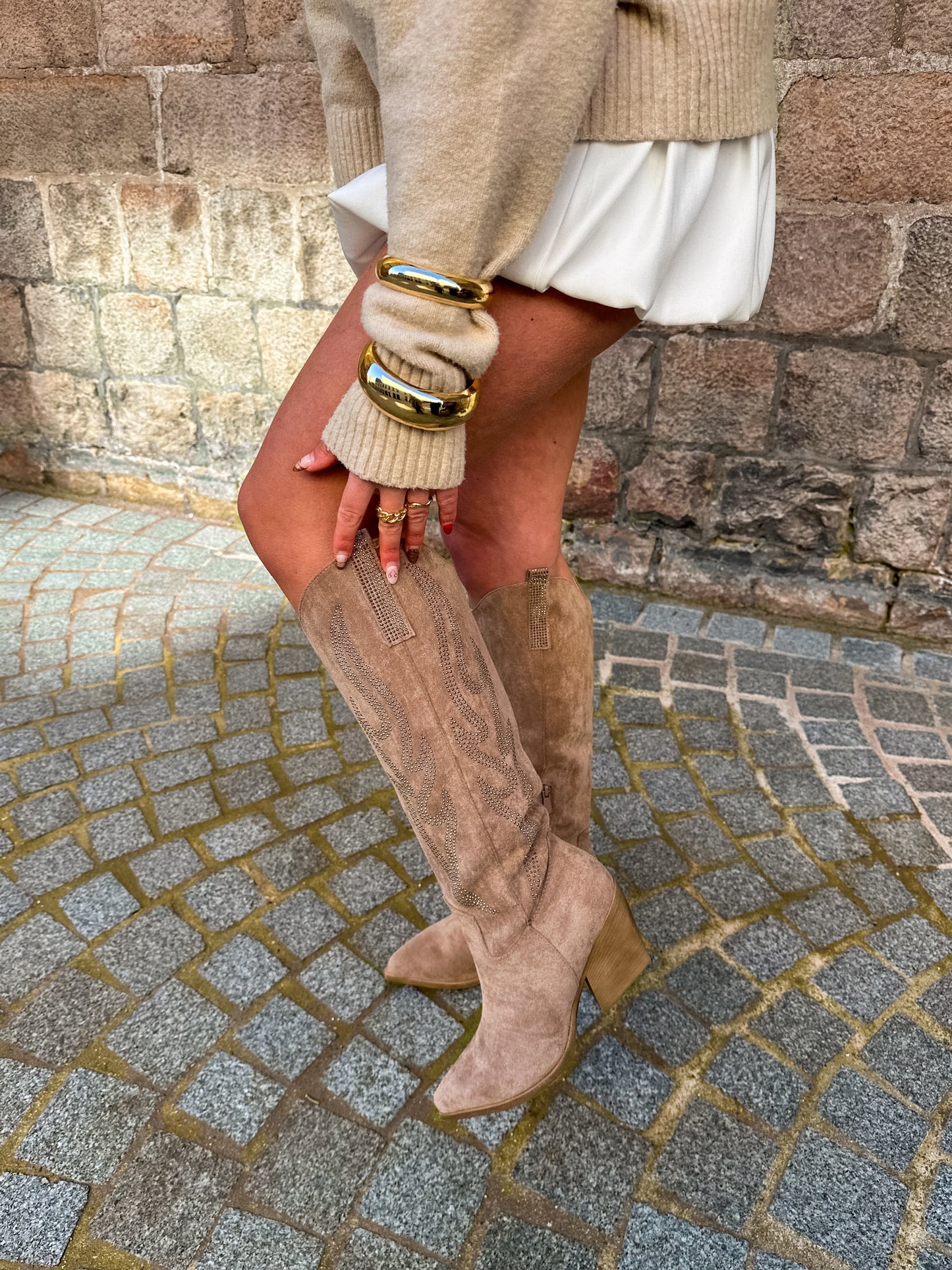 CLARA - Santiags hautes à strass beige