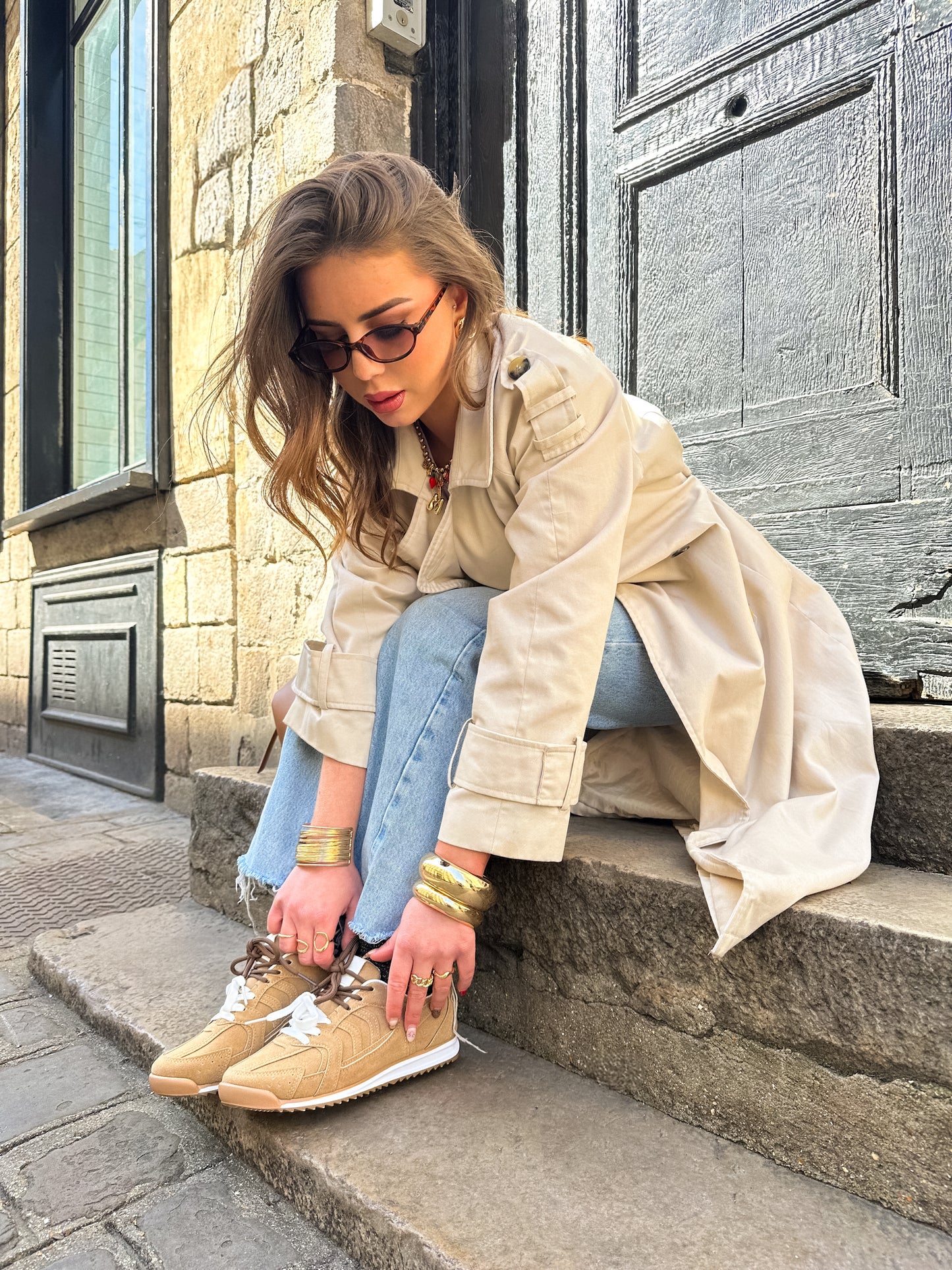 ALBA - Baskets inspiration double lacets camel