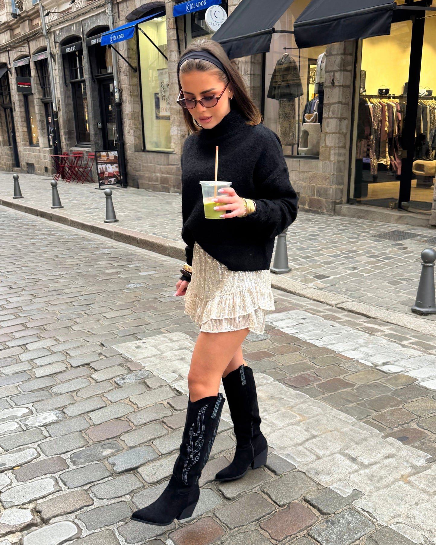 CLARA - Santiags hautes à strass noir